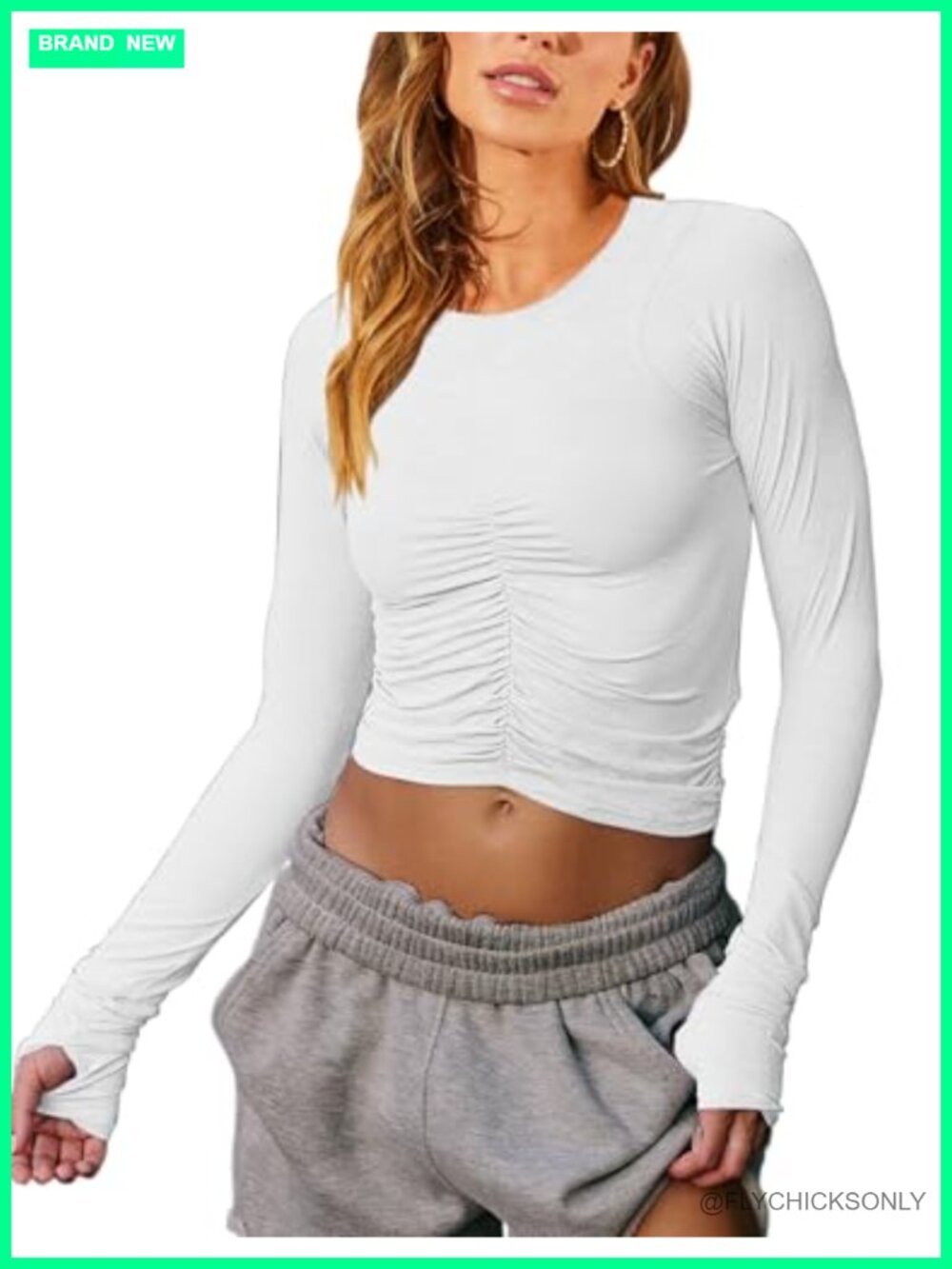 Women's Ruched Slim Fitted Crop Top Long Sleeve Thumb Holes Athletic Blouse